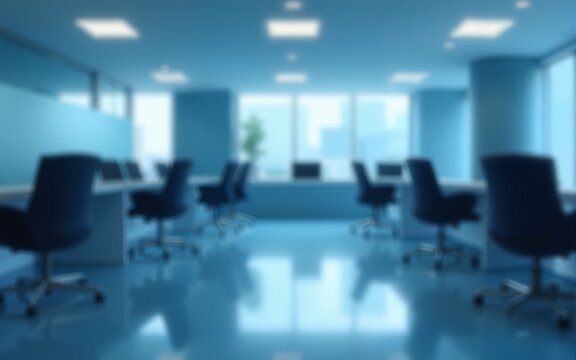 Blue-filtered blur of a modern office with chairs and tables to create a sense of sophistication and visual balance. High quality - Powered by Adobe