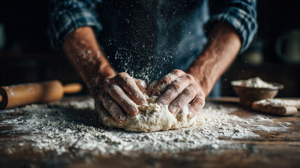 baker kneading dough on table