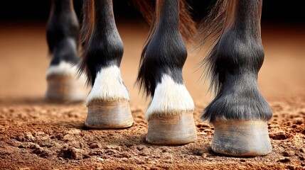 Close-up of horse hooves standing on a dirt surface with a blurred background