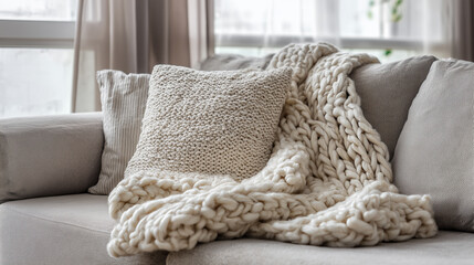 soft wool pillow and hand-knitted blanket folded on modern sofa