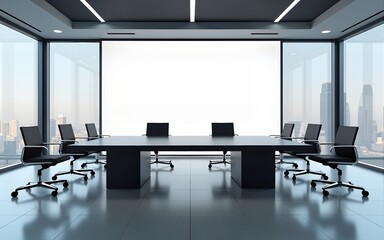 Modern conference room with panoramic windows and blank screen. High quality