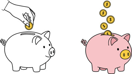 Piggy Bank Saving Concept – Money, Coins – Hand Inserting Coin, Pink Piggy – Financial Savings Icon, Budget and Investment Illustration

