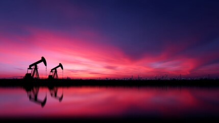 A stunning sunset illuminates an oil field with silhouettes of pumpjacks. The colors blend beautifully in the sky. Nature meets industry in this compelling image. AI