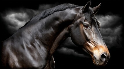 Obraz premium Elegant black horse with a glossy coat against a dark, stormy sky background