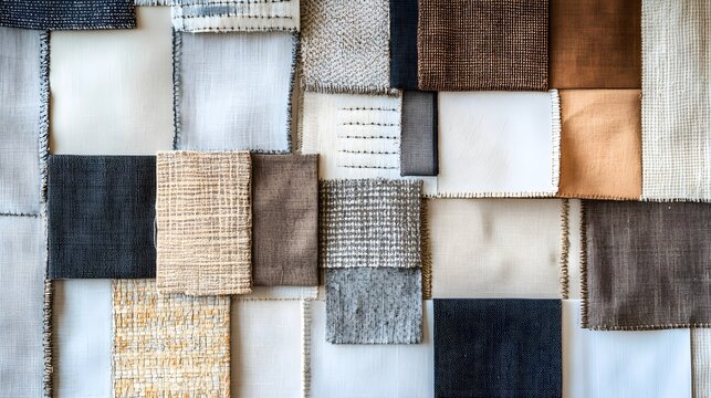 Assorted fabric swatches in neutral tones create a textured patchwork background for textile design projects.
