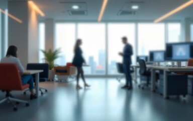 Futuristic and minimalist office ambiance rendered blurry, emphasizing shape, structure, and calm lighting. High quality