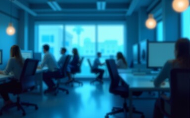 Office lights, chairs, and tables gently masked by blue tint and soft blur to suggest productivity and innovation. High quality
