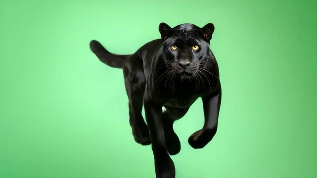 Majestic black panther running gracefully on bright green screen for amazing visual effects