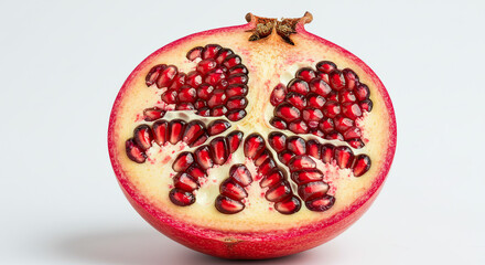 A vibrant crimson pomegranate, halved to reveal a jewellike array of ruby seeds, isolated on white background