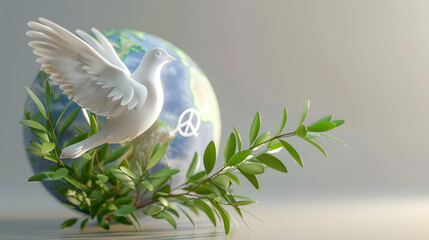 White Dove Flying with Olive Branch over Earth Symbolizing Global Peace