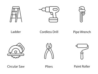 Construction and home repair tools icons outline vector collection