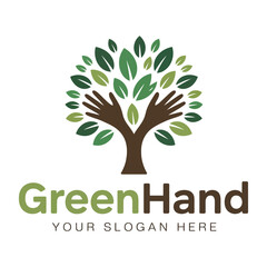 Obraz premium Green hand logo illustrating environmental protection and sustainable growth concept