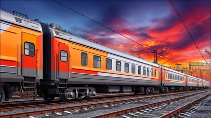 Fototapeta premium Modern passenger train traveling on railway tracks during vibrant sunset sky