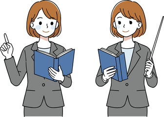 Female Teacher Illustration – Book, Pointer – Professional Woman, Educational Pose – Business Instructor Concept, Classroom Presentation Icon