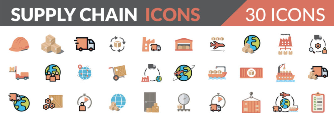 Supply Chain Vector Icon Set. 30 logistic icons