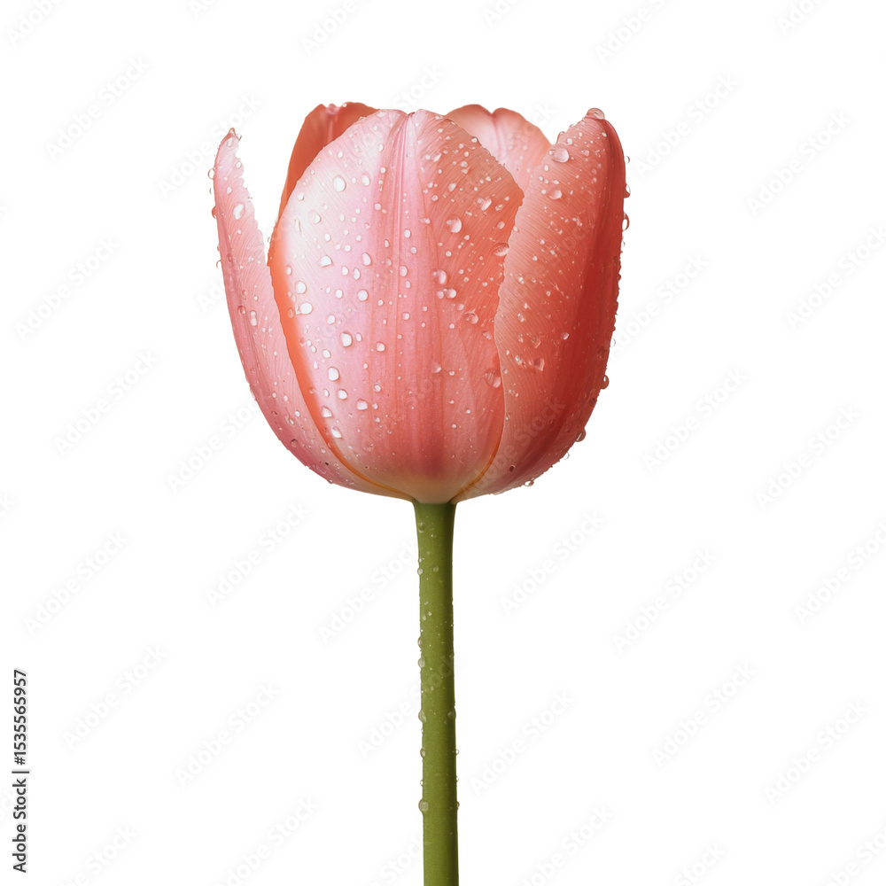 Poster beautiful pink tulip with water droplets on its petals, showcasing its delicate structure and vibran