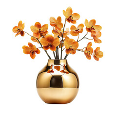 Fototapeta na wymiar beautiful golden vase filled with vibrant orange orchids, adding elegance and warmth to any space. glossy finish of vase complements delicate flowers perfectly