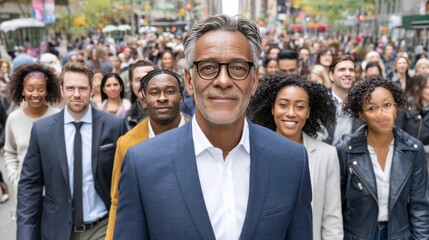 Confident mature man in glasses leading a diverse group of people outdoors in an urban setting
