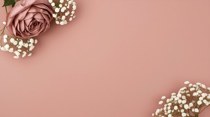 Dusty rose pink flat-lay with vintage-style rose and baby's breath, floral corners, soft lighting, clean center, elegant 16:9 art with no text.