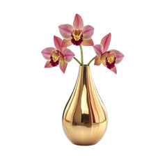 beautiful golden vase holds vibrant pink orchids, adding elegance and charm to any space. delicate flowers contrast beautifully with sleek vase, creating stunning centerpiece © Plaifah