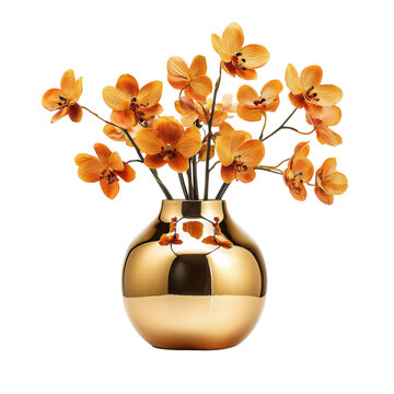 beautiful golden vase filled with vibrant orange orchids, adding elegance and warmth to any space. glossy finish of vase complements delicate flowers perfectly