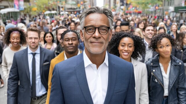 Confident mature man in glasses leading a diverse group of people outdoors in an urban setting - Powered by Adobe