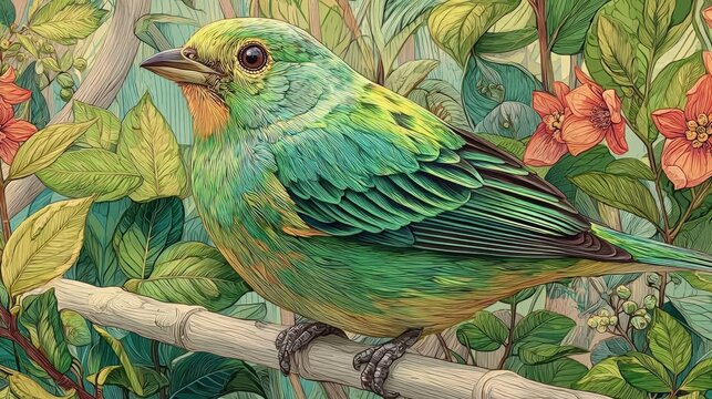 Captivating artwork of a green bird resting on a branch surrounded by lush greenery creating a serene and peaceful atmosphere ideal for nature lovers and wildlife photography enthusiasts