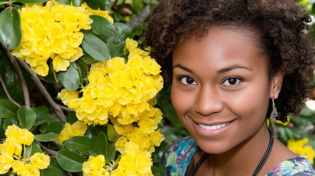 Smiling young woman with curly hair among vibrant yellow flowers in a lush garden - Powered by Adobe
