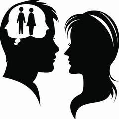Silhouette of a man thinking about a couple facing a woman silhouette in black and white art style created with generated ai