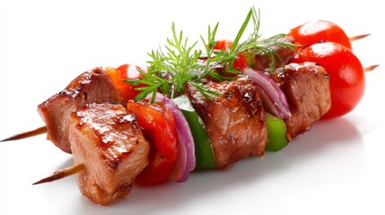 Delicious grilled meat skewers with colorful vegetables and herbs. Perfect for outdoor barbecues or themed parties. A vibrant dish that highlights flavor and freshness. AI