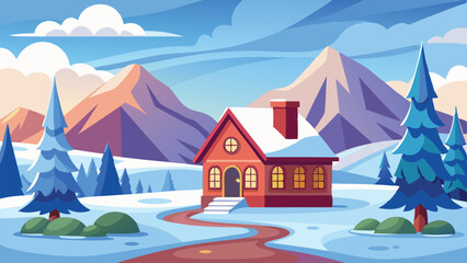 Naklejka premium Cozy Red House with Snowy Roof in a Mountain Landscape Vector Illustration