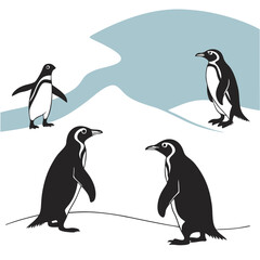 Obraz premium Black and white vector illustration of playful penguins in a snowy antarctic landscape
