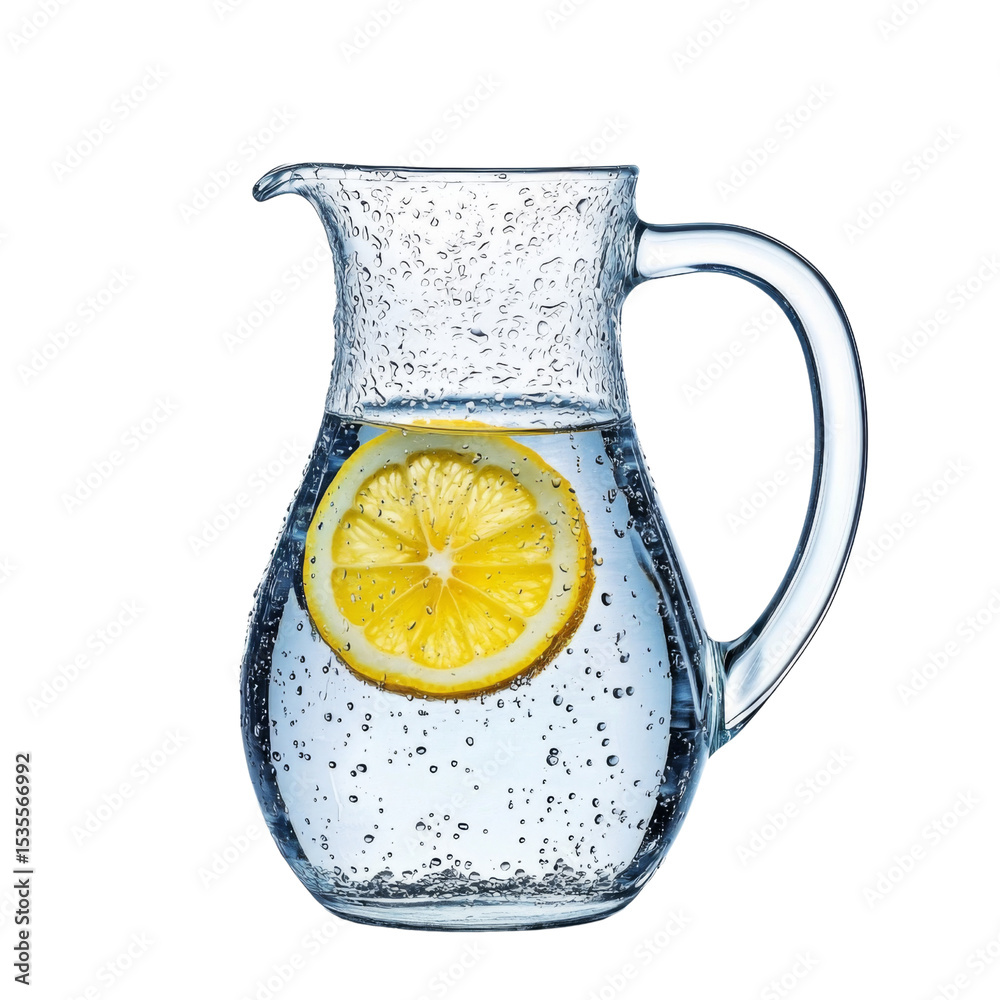 Aufkleber refreshing pitcher of water with lemon slices and bubbles, perfect for hydration and summer drinks. 