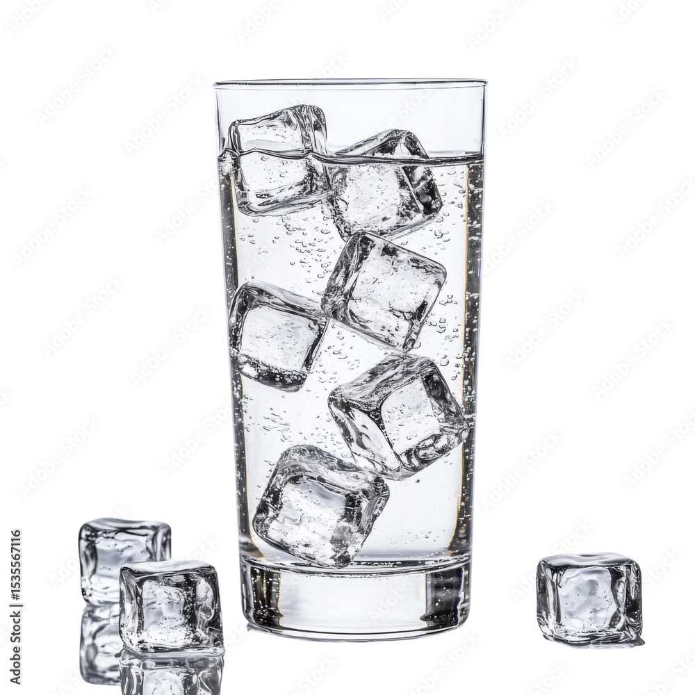 Poster refreshing glass of sparkling water with ice cubes, perfect for hydration and enjoyment. clear glass