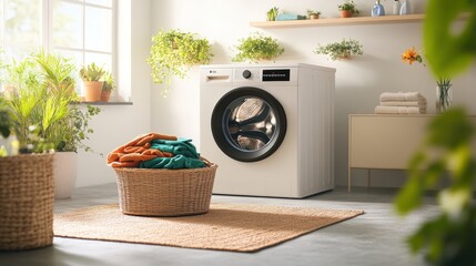 Modern laundry room with front load washing machine, laundry basket, plants, and natural sunlight