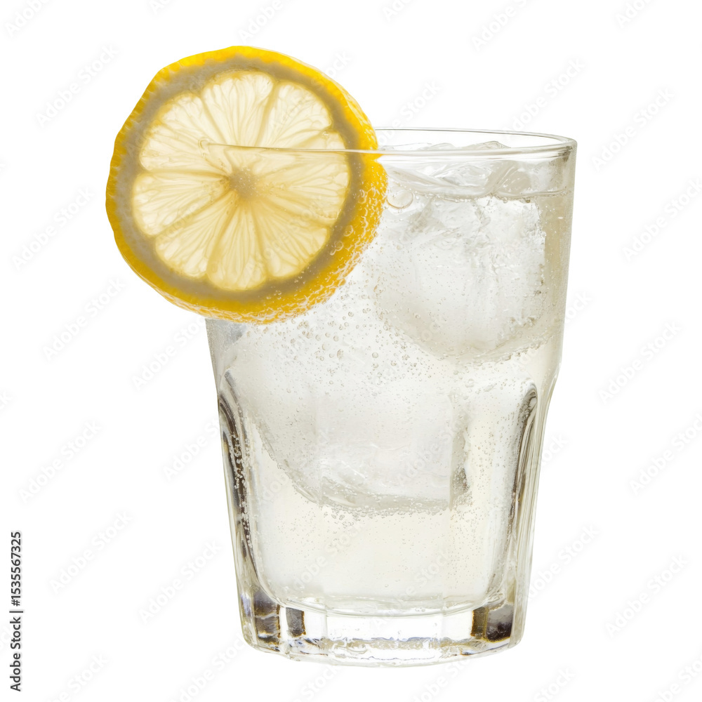 Poster refreshing cocktail with ice and lemon slice