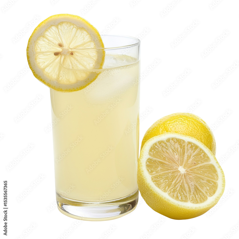 Poster refreshing lemon drink in glass with ice and lemon slice