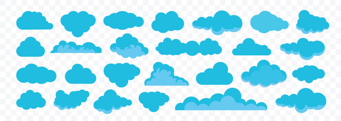 Set of blue cloud set. Cute fluffy, bubbly clouds collection. Different shape cartoon cloud in a flat design. Collection of graphic elements for website. Vector illustration.
