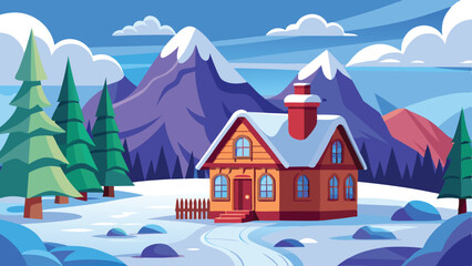 Naklejka premium Cartoon Winter Landscape Illustration with Cozy Cottage, SnowCapped Mountains, and Evergreen Trees