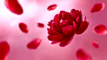 A vibrant red flower stands out against a soft pink background. Petals float gently around it, creating a dreamy and romantic atmosphere. Perfect for floral designs and decorations. AI