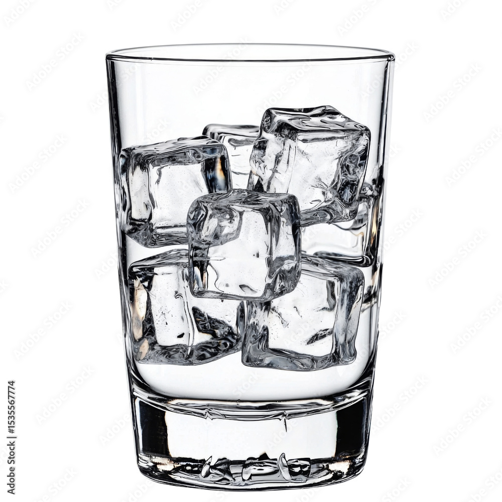 Poster clear glass filled with ice cubes, showcasing refreshing and cool appearance. ice cubes are perfectl