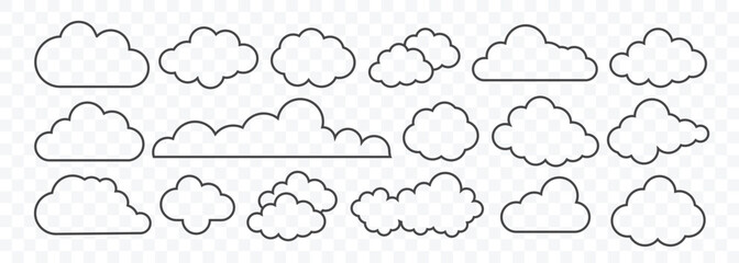 Set of Thin Line Cloud Icons. Different shape cartoon clouds on transparent background. Cute fluffy, bubbly clouds collection. Cloud shapes vary, offering diverse cloud designs. Vector illustration.