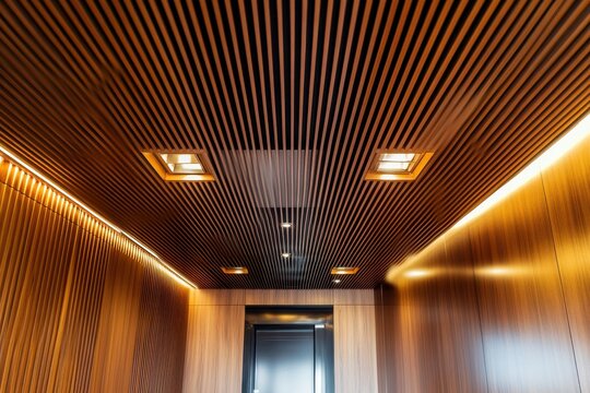 Modern wooden elevator interior with recessed lighting