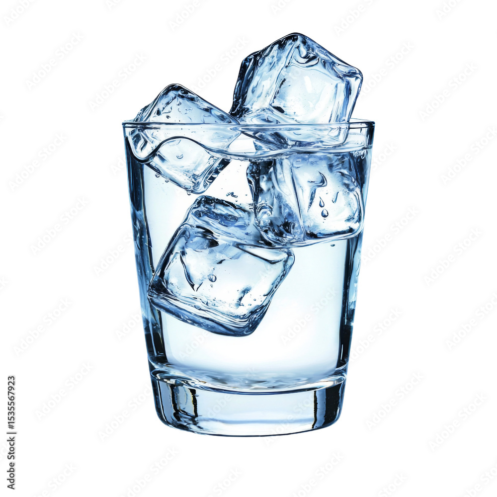 Poster clear glass filled with water and ice cubes, showcasing refreshing hydration. ice cubes glisten, cre