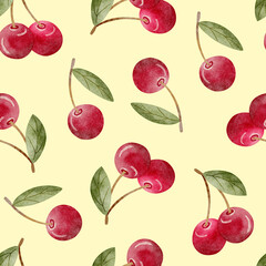 Pattern children's berries cherry green leaves watercolor illustration fruit summer hand drawn. Seamless print on pastel yellow background for design textiles, fabrics, packaging, clothes, postcard