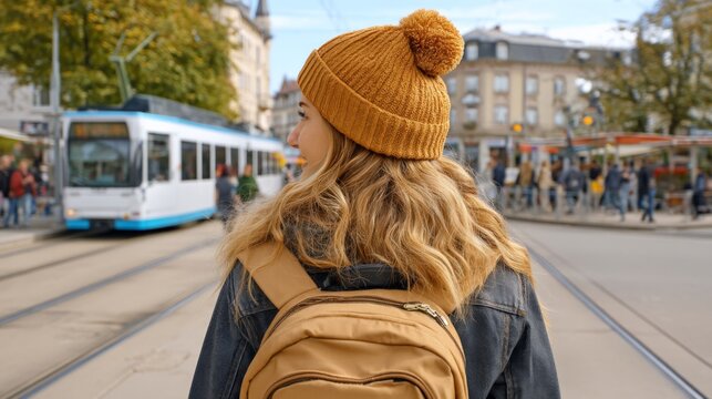 Woman with blonde hair wearing a yellow knit hat and backpack waiting near tram tracks in an urban setting