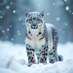 A regal snow leopard standing still in a serene winter scene, with delicate blues and whites.