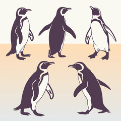 Fototapeta premium Five silhouette penguins in various poses on a warm toned background for design elements