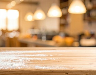 Empty Wooden Table With Flour Dust In Restaurant Interior