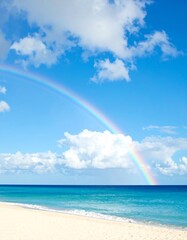 青空にかかる虹と美しい白砂のビーチ（Rainbow Arching Across Blue Sky over Beautiful Beach and White Sand）
